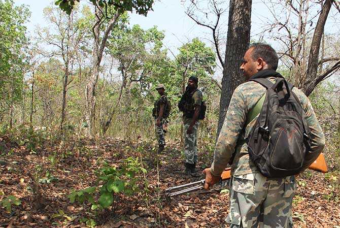 A CRPF party moving into the jungles between Dornapal and Jagargonda on an area domination exercise. 25 jawans of the 74th Battalion of the CRPF were killed by Maoists in an ambush near Burkapal village on April 24.