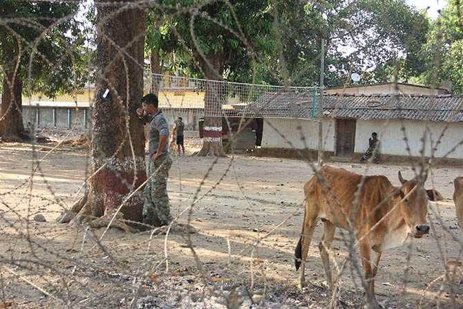 A CRPF jawan speaking with his family on phone; mobile network connectivity in Bijapur is quite erratic and it becomes a task for these jawans to get in touch with their loved ones