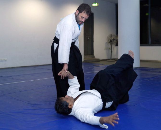 Congress President Rahul Gandhi demonstrates his Aikido moves. Photograph: Kind courtesy: @bharad/Twitter