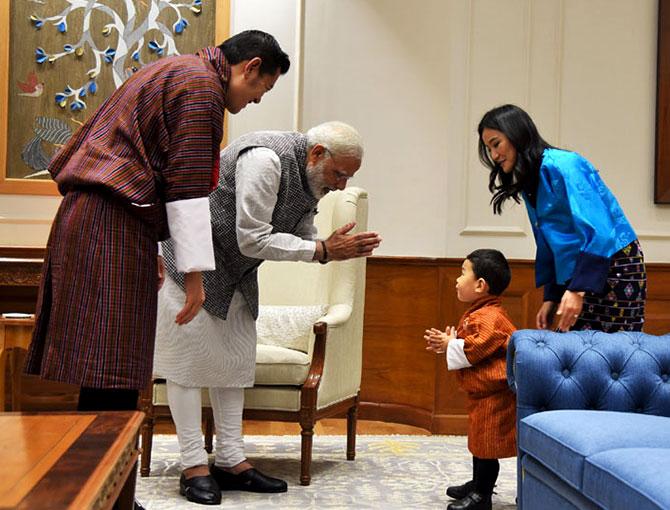 Bhutan's King Jigme Khesar Namgyel Wangchuck, Queen Jetsun Pema Wangchuck and Crown Prince Jigme Namgyal Wangchuk meet Prime Minister Narendra D Modi at 7, Lok Kalyan Marg, New Delhi, November 1, 2017. Photographs: Press Information Bureau