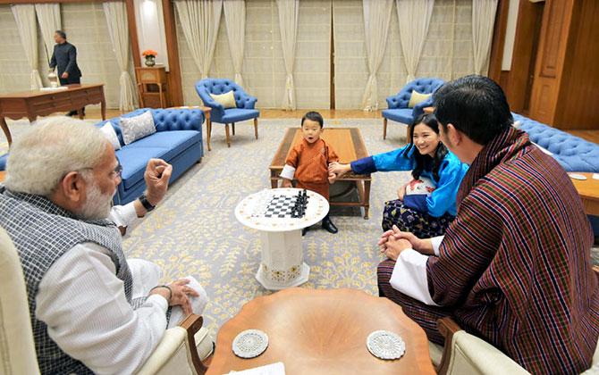 Prime Minister Narendra D Modi with Bhutanese King Jigme Khesar Namgyel Wangchuck, Queen Jetsun Pema Wangchuck and Crown Prince Jigme Namgyal Wangchuk at 7, Lok Kalyan Marg, New Delhi, November 1, 2017.