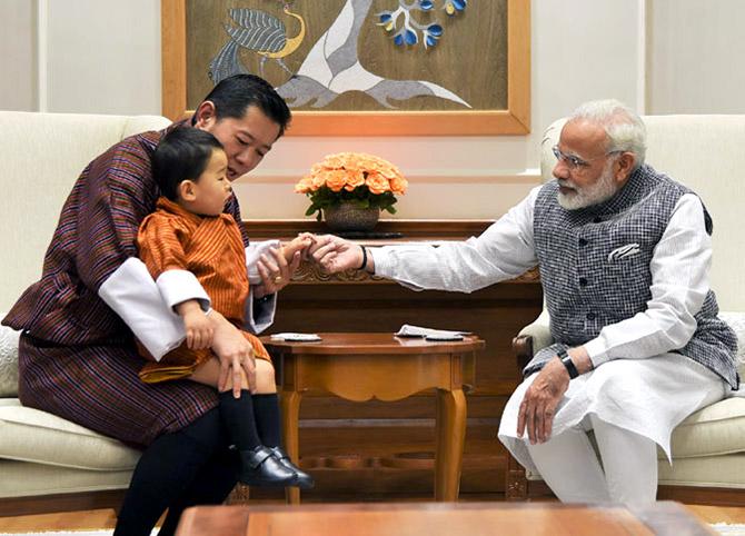 Prime Minister Narendra D Modi with Bhutanese King Jigme Khesar Namgyel Wangchuck and Crown Prince Jigme Namgyal Wangchuk at 7, Lok Kalyan Marg, New Delhi, November 1, 2017.