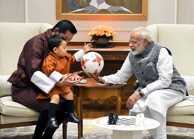 Prime Minister Narendra D Modi with Bhutanese King Jigme Khesar Namgyel Wangchuck and Crown Prince Jigme Namgyal Wangchuk at 7, Lok Kalyan Marg, New Delhi, November 1, 2017.