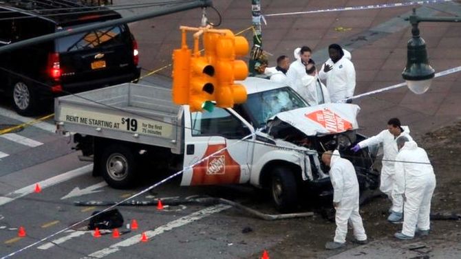 The truck Sayfullo Saipov rammed into cyclists and pedestrians in Lower Manhattan, October 31, 2017, the worst terror attack in New York City after 9/11. Photograph: Reuters