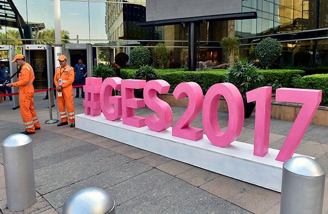 NDRF personnel stand guard at the venue of the Global Entrepreneurship Summit. Photograph: Shailendra Bhojak/PTI Photo