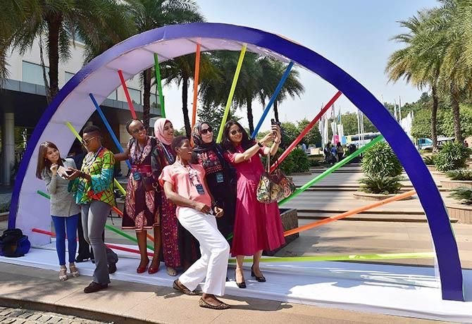 Delegates pose for a photo at the venue of the Global Entrepreneurship Summit 2017 in Hyderabad. Photograph: Shailendra Bhojak/PTI Photo