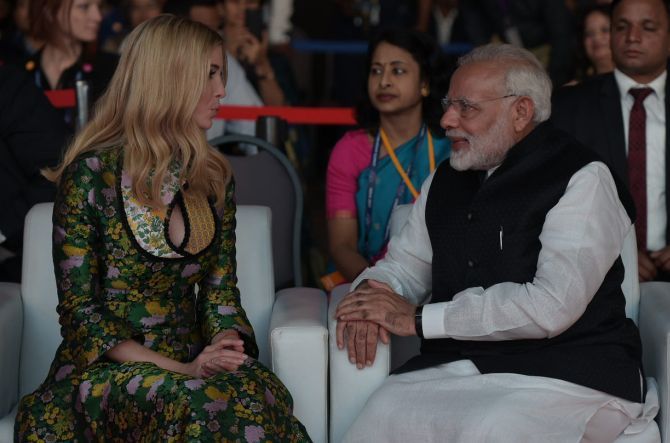 Ivanka Trump with Prime Minister Narendra Modi at the 8th annual Global Entrepreneurship Summit in Hyderabad. She showered generous praises on the Prime Minister in her keynote address. She termed Modi's achievement as 'truly extraordinary'. Photograph: @MEAPhotogallery/Flickr