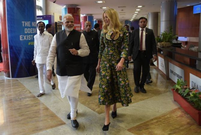 Ivanka Trump and Prime Minister Narendra D Modi at GES 2017. Photograph: @MEAPhotogallery/Flickr