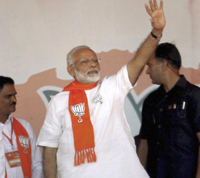 Prime Minister Narendra D Modi at the Gujarat Gaurav Mahasammelan in Ahmedabad, October 16, 2017. Photograph: PTI Photo