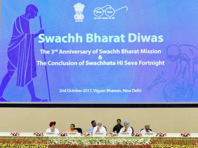 Prime Minister Narendra D Modi at an event to mark Swachh Bharat Diwas: The 3rd anniversary of the launch of the Swachh Bharat Mission, New Delhi, October 2, 2017. Photopgraph: Press Information Bureau