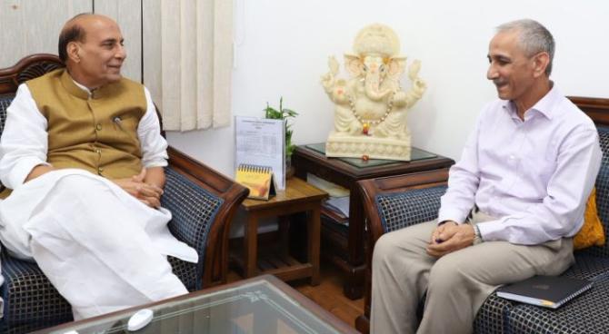 Former Intelligence Bureau director Dineshwar Sharma, right, with Union Home Minister Rajnath Singh after being appointed the Centre's representative in Jammu and Kashmir, October 23, 2017. Photograph: ANI