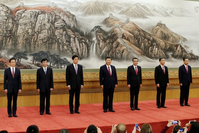 China's new Politburo Standing Committee members, from left to right: Han Zheng, Wang Huning, Li Zhanshu, Xi Jinping, Li Keqiang, Wang Yang and Zhao Leji. Photograph: Jason Lee/Reuters