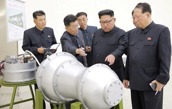 Kim Jong Un inspects a nuclear device in Pyongyang, September 3, 2017. Photograph: KCNA via Reuters