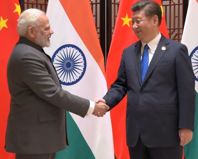 The last time they met: Prime Minister Narendra D Modi greets Chinese President Xi Jinping on the sidelines of the BRICS summit in Xiamen, September 5, 2017. Photograph: Press Information Bureau