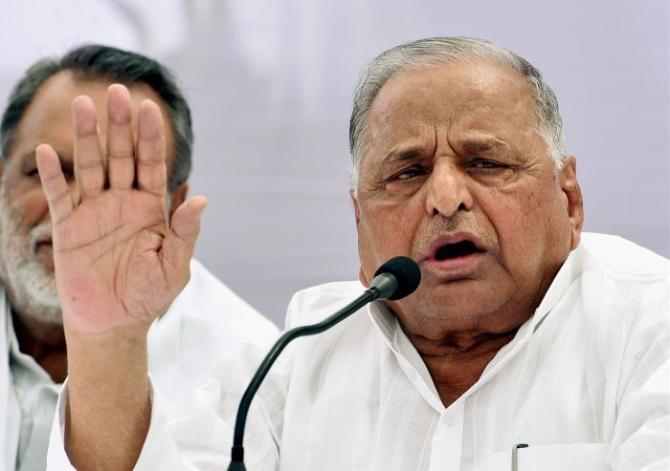 Samajwadi Party founder Mulayam Singh Yadav addresses a press conference at the Lohia Trust Office in Lucknow. Photograph: Nand Kumar/PTI Photo