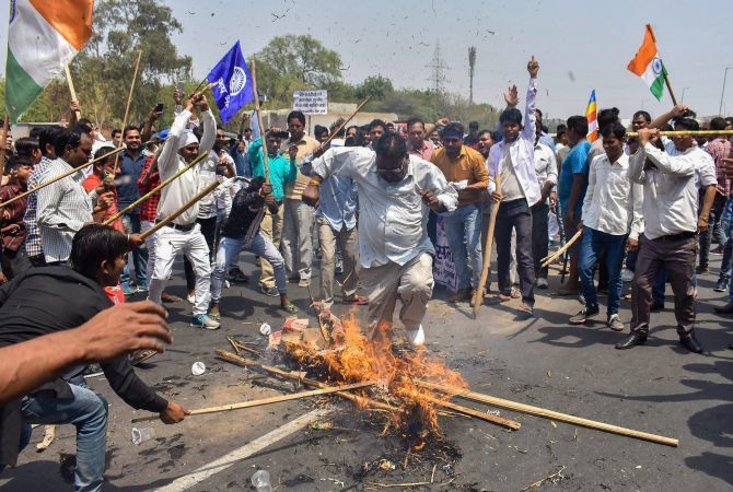 During the Bharat Bandh, protesters block the Delhi-Gurugram Expressway, Gurugram, Haryana, April 2, 2018. Photograph: PTI Photo
