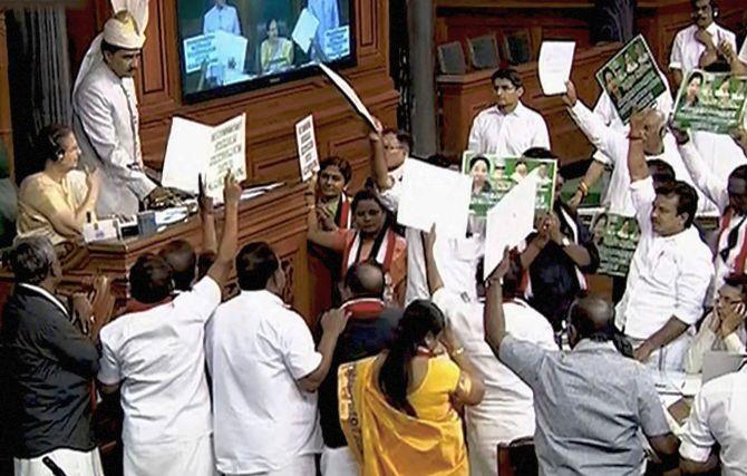 Lok Sabha Speaker Sumitra Mahajan speaks to Opposition MPs during a disruption in Parliament during the Budget session in April 2018. Photograph: PTI Photo