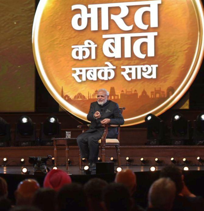 Prime Minister Narendra D Modi during his interaction with the Indian Diaspora in London, April 18, 2018. Photograph: @PIBIndia/Twitter