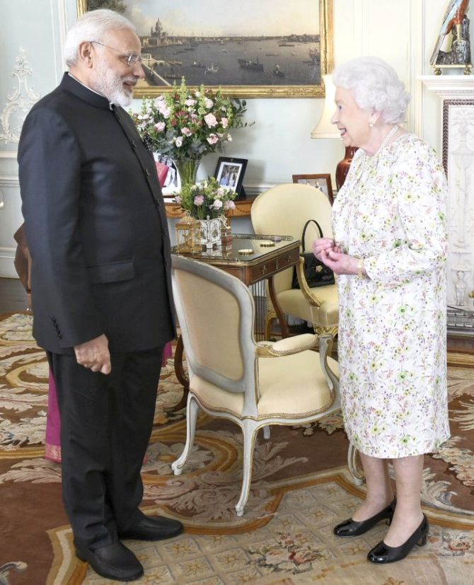 Queen Elizabeth with Prime Minister Narendra D Modi at Buckingham Palace, April 18, 2018