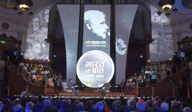 Prime Minister Narendra D Modi at the Bharat Ki Baat event in London, April 18, 2018. Photograph: Press Information Bureau