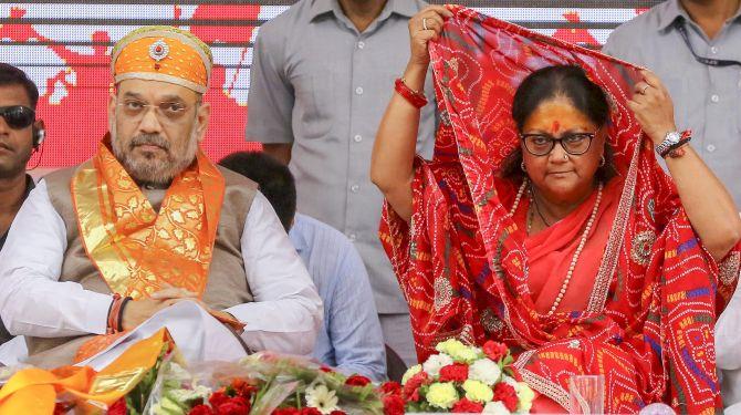 Bharatiya Janata Party President Amit Anilchandra Shah with Rajasthan Chief Minister Vasundhara Raje at the launch of the Suraj Gaurav Yatra in Rajasamand, August 4, 2018. Photograph: PTI Photo