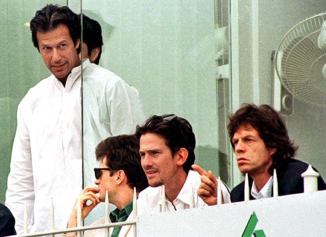 Imran Khan at the cricket World Cup final between Australia and Sri Lanka at the Gaddafi stadium in Lahore, March 17, 1996. Watching the game avidly, seated right, is Rolling Stones legend Mick Jagger. 