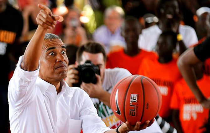 Former US President Barack Obama addresses players at the basketball court during the launch of the Sauti Kuu resource centre near his ancestral home in Nyangoma Kogelo village in Siaya county, western Kenya, July 16, 2018. Photograph: Thomas Mukoya/Reuters