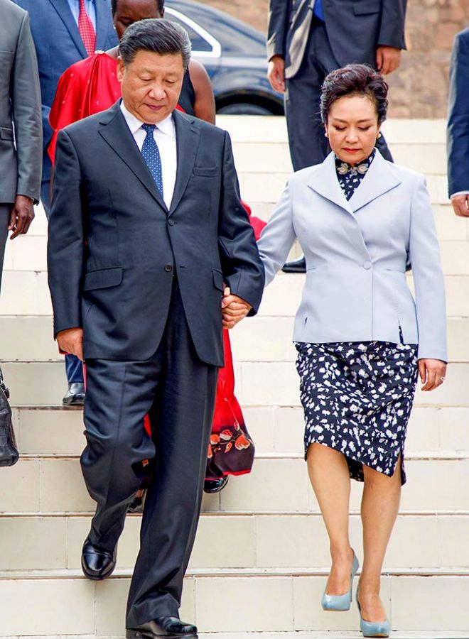 Xi Jinping and his wife Peng Liyuan arrive at the Kigali Genocide Memorial during his visit to Kigali, Rwanda, July 23, 2018. Photograph: Jean Bizimana/Reuters