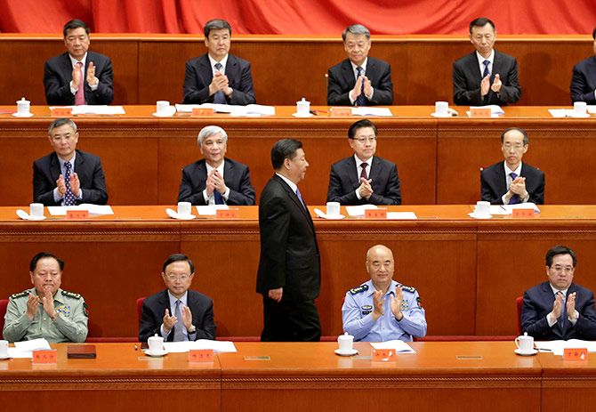 Xi Jinping is applauded by China's leaders after his speech saluting Karl Marx on his 200th birth anniversary, Beijing, May 4, 2018. Photograph: Jason Lee/Reuters