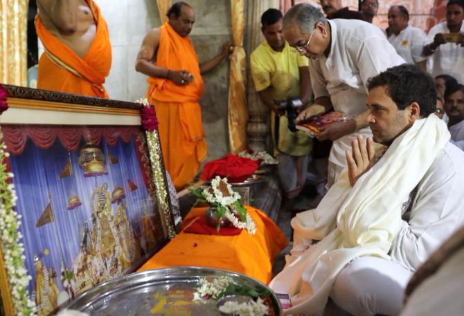 Rahul Gandhi at the Govind Devji temple in Rajasthan. Photograph: Kind courtesy @INCIndia/Twitter