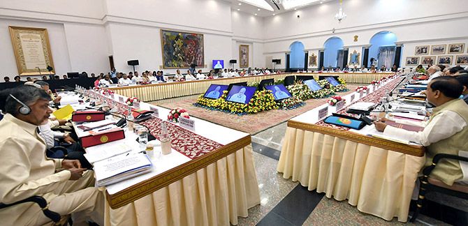 The nation's chief ministers listen to Prime Minister Narendra Damodardas Modi address the NITI Aayog governing council, June 17, 2018. Photograph: Press Information Bureau