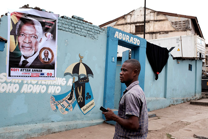 A poster depicting the late Kofi Annan outside his family home in Bompata town in Kumasi, Ghana, the day after his death, August 19, 2018. Photograph: Francis Kokoroko/Reuters