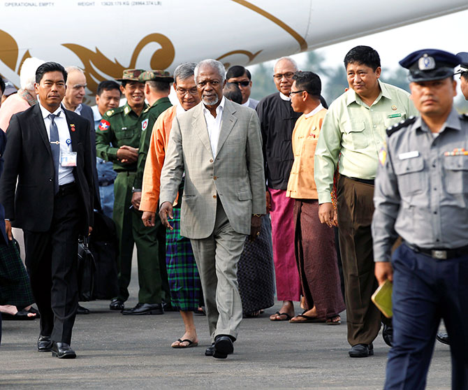 Former UN secretary-general Kofi Annan arrives at Sittwe airport, Rakhine state, Myanmar, in his capacity as the Myanmar government-appointed chairman of the advisory commission on Rakhine state, December 2, 2016. Photograph: Photograph: Soe Zeya Tun/Reuters