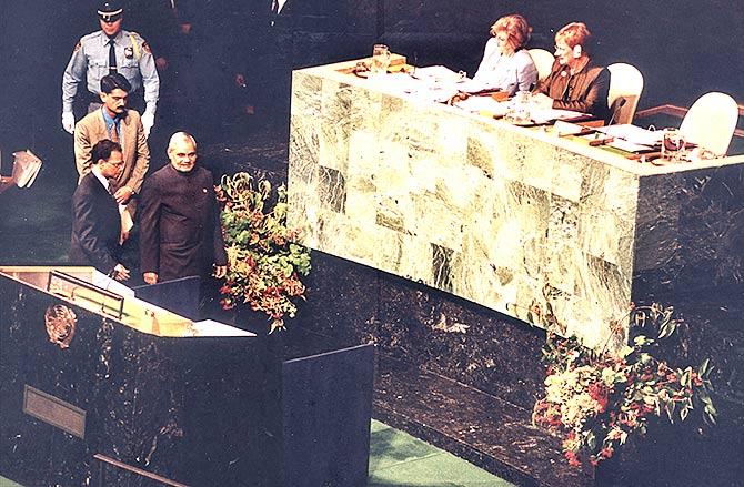 Then prime minister Atal Bihari Vajpayee arrives to address the Millennnium Summit at the United Nations, September 8, 2000.