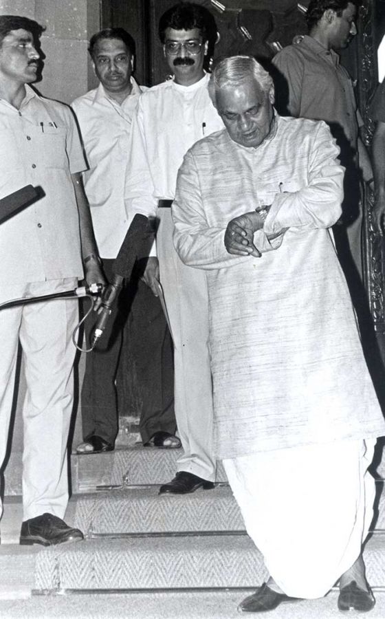 After announcing his decision to resign as prime minister in May 1996 Atal Bihari Vajpayee headed straight to Rashtrapati Bhavan where he handed over his resignation to President Shankar Dayal Sharma. Behind him on his immediate right is his son-in-law Ranjan Bhattacharya who stayed by his side every night during his final two months in hospital