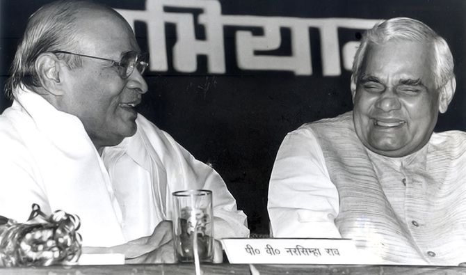 Then prime minister P V Narasimha Rao, left, and Bharatiya Janata Party leader Atal Bihari Vajpayee at an event in New Delhi in the early 1990s where an anthology of Vajpayee's poems was released
