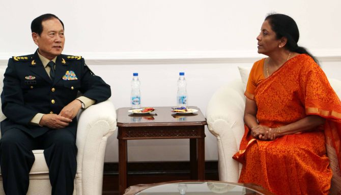 Defence Minister Nirmala Sitharaman with her Chinese counterpart Wei Fenghe in New Delhi, August 2018. Photograph: Press Information Bureau