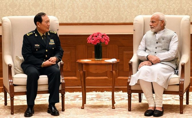 China's Defence Minister General Wei Fenghe calls on Prime Minister Narendra Damodardas Modi, August 21, 2018. Photograph: Press Information Bureau