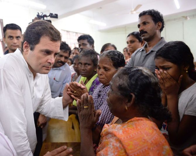 Rahul Gandhi at a flood affected camp in Kerala, August 28, 2018. Photograph: Kind courtesy INC/Twitter