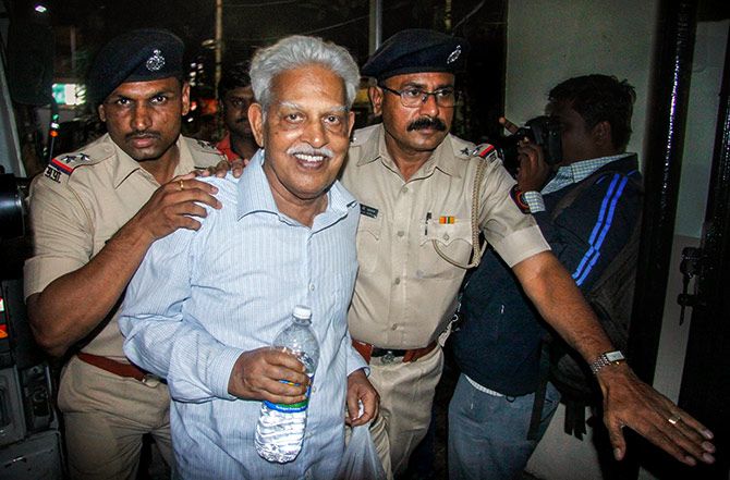 Revolutionary writer P Varavara Rao -- one of the five activists arrested on August 28 -- hit out at the Centre and the Maharashtra government, saying there cannot be a bigger conspiracy than calling those fighting against 'fascist policies' conspirators. Photograph: PTI Photo