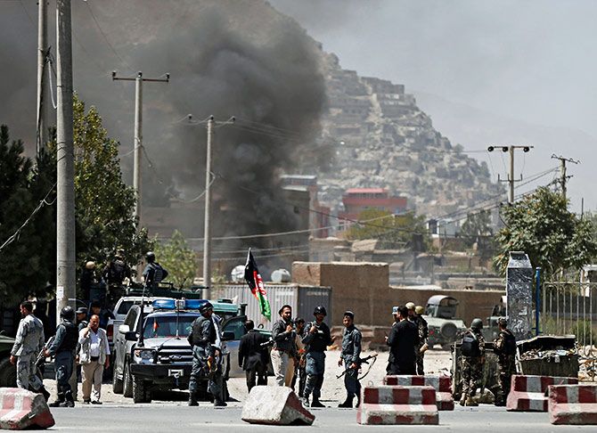 Smoke rises from the site of an attack in Kabul, August 21, 2018. Photograph: Mohammad Ismail/Reuters