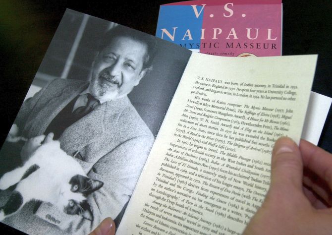 V S Naipaul's classic The Mystic Masseur seen at the Frankfurt book fair, October 11, 2001, the day the Trinidad-born British writer won the 2001 Nobel Prize for Literature. Photograph: Ralph Orlowski/Reuters
