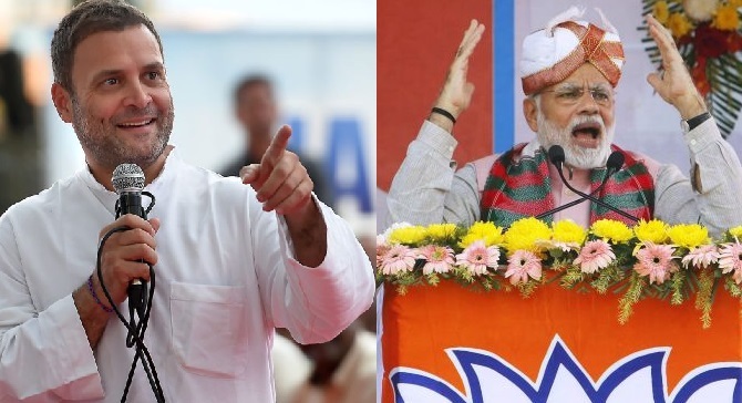 Congress President Rahul Gandhi, left, and Prime Minister Narendra Damodardas Modi, right, at election rallies