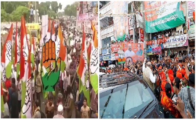 Political flags and banners on the streets. Photograph: Kind courtesy Congress & BJP twitter
