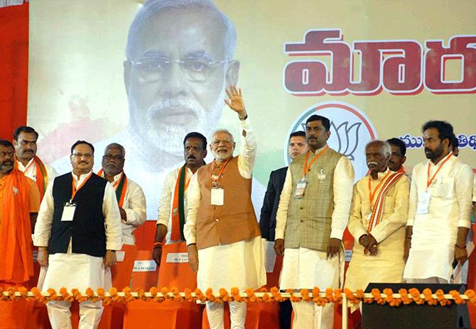 Prime Minister Narendra Damodardas Modi at an election rally in Hyderabad, December 3, 2018. Photograph: SnapsIndia