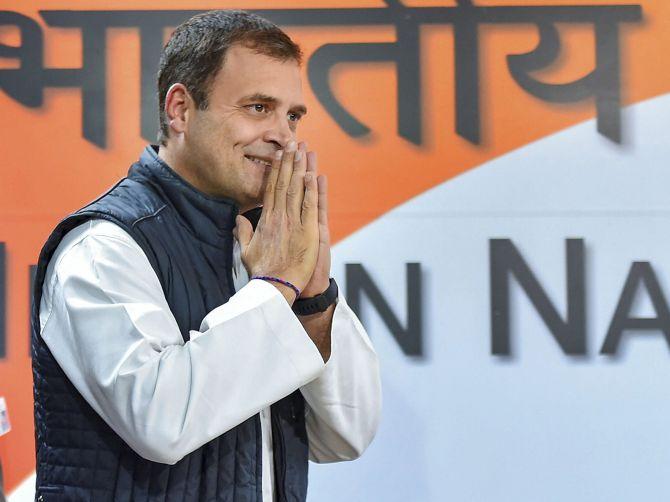 Congress President Rahul Gandhi arrives to address the media, December 11, 2018, after the party won the Chhattisgarh and Rajasthan assembly elections. The next morning the Congress would emerge with the most seats in Madhya Pradesh. Photograph: Kamal Kishore/PTI Photo