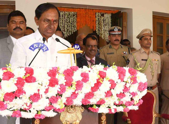 Telangana Rashtra Samithi chief K Chandrashekar Rao is sworn in as the state's chief minister for a second time in Hyderabad, December 13, 2018. Photograph: SnapsIndia