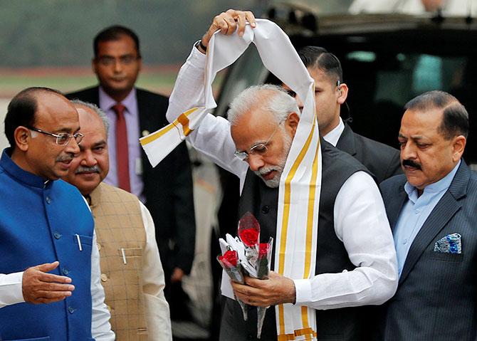  Prime Minister Narendra Damodardas Modi at Parliament House on the first day of the winter session, December 11, 2018. It was the day his Bharatiya Janata Party was ousted from power in Chhattisgarh, Madhya Pradesh and Rajasthan and failed to make an impact in Mizoram and Telangana. Photograph: Adnan Abidi/Reuters