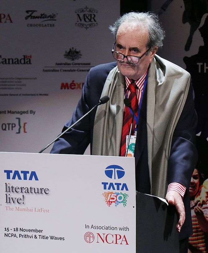 Author, journalist and commentator Mark Tully speaking in Mumbai. Photograph: Hitesh Harisinghani/Rediff.com