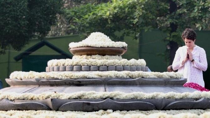 Priyanka Gandhi at Vir Bhumi, paying tribute to her late father Rajiv Gandhi. Photograph: Kind courtesy  twitter _PriyankaG